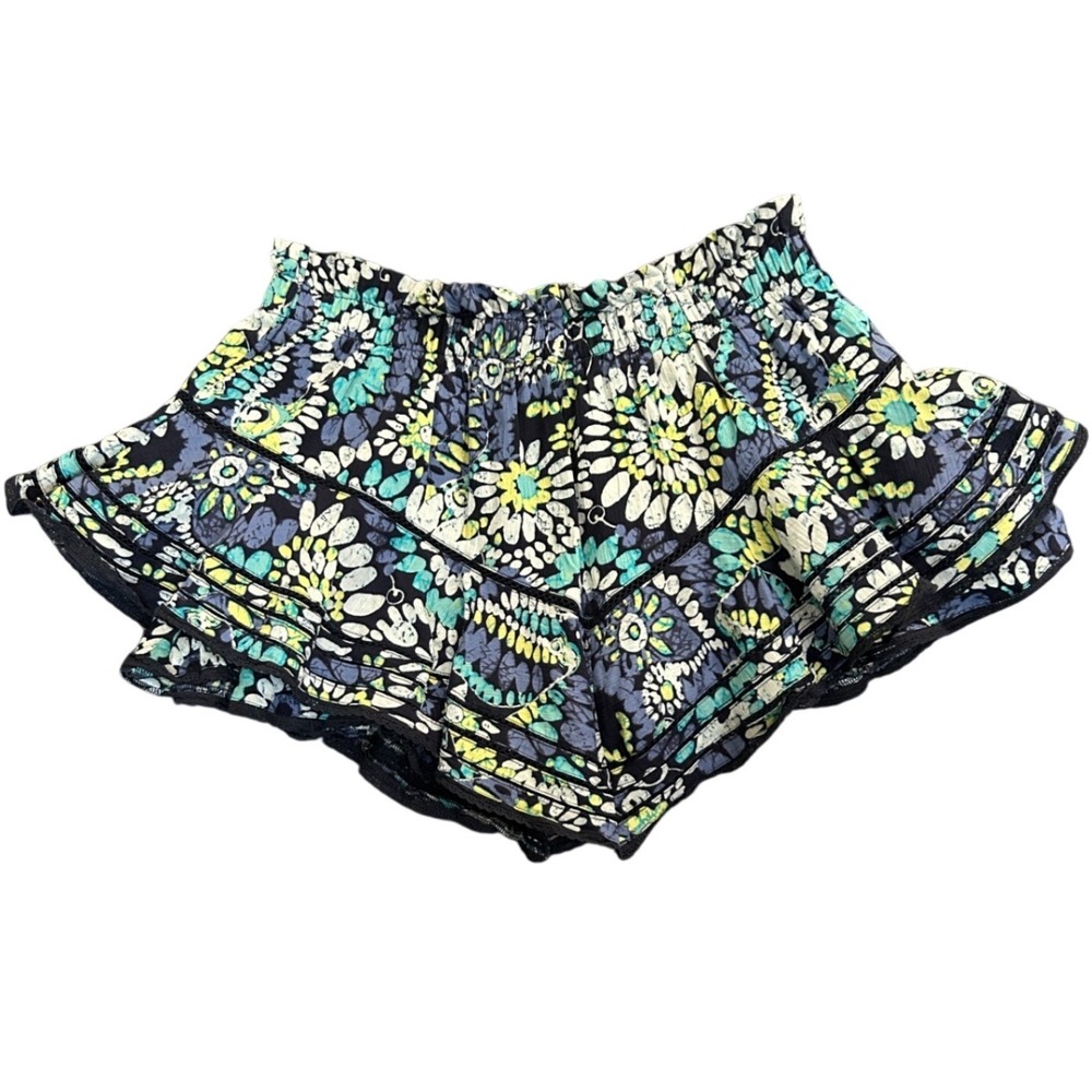 Aerie Floral Ruffle Skort Blue Green Smocked Paperbag Waist Mini Skirt Shorts M